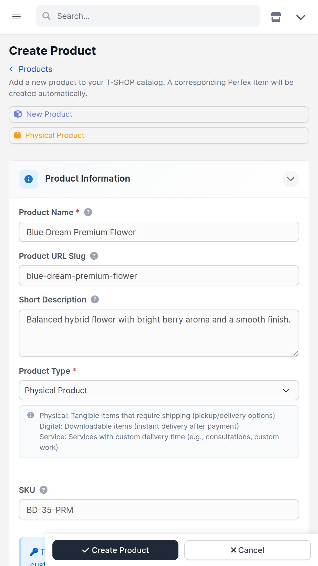 Mobile product form with images, price, stock, and category