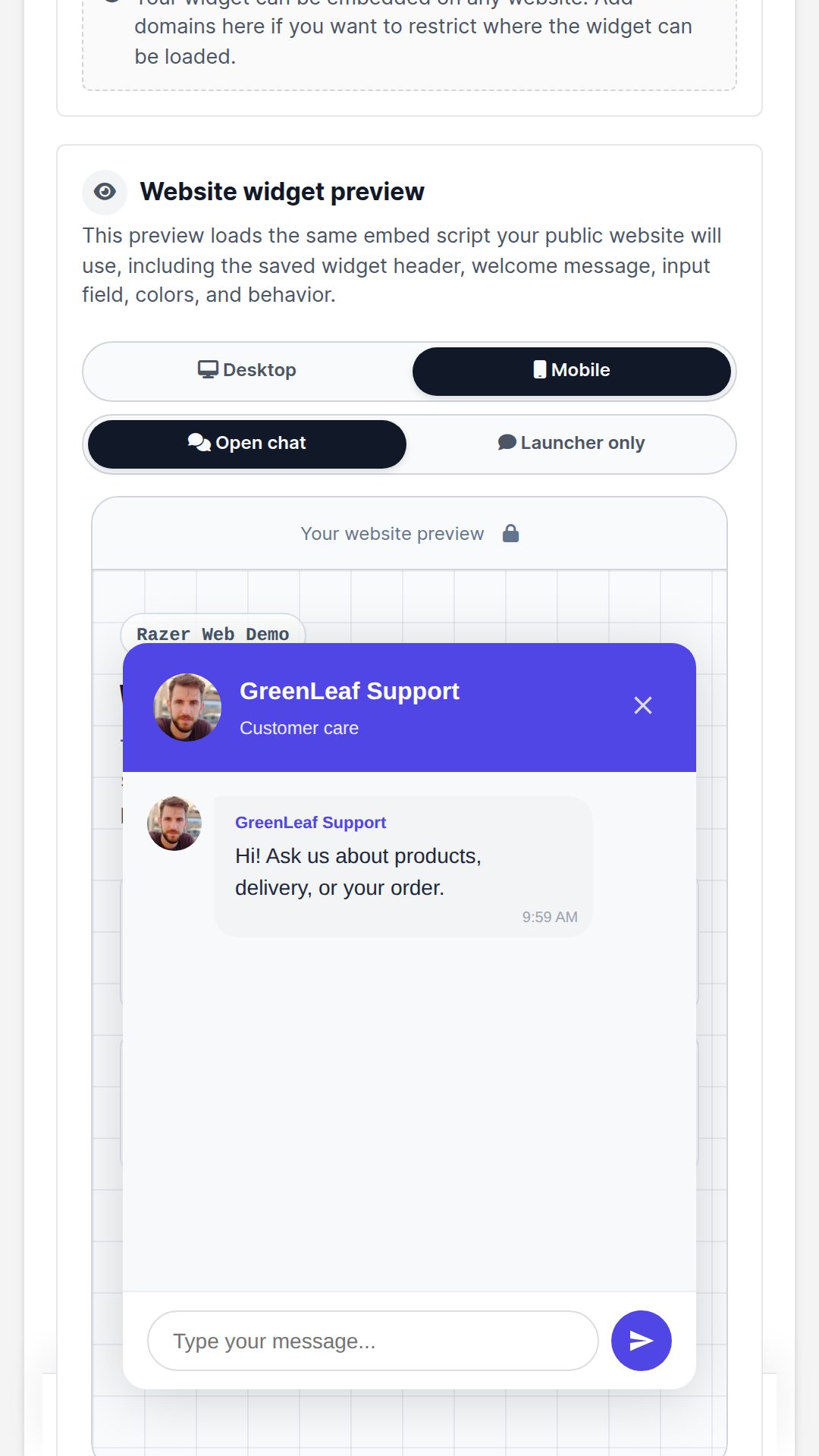 Mobile preview of the website and SMS customer assistant