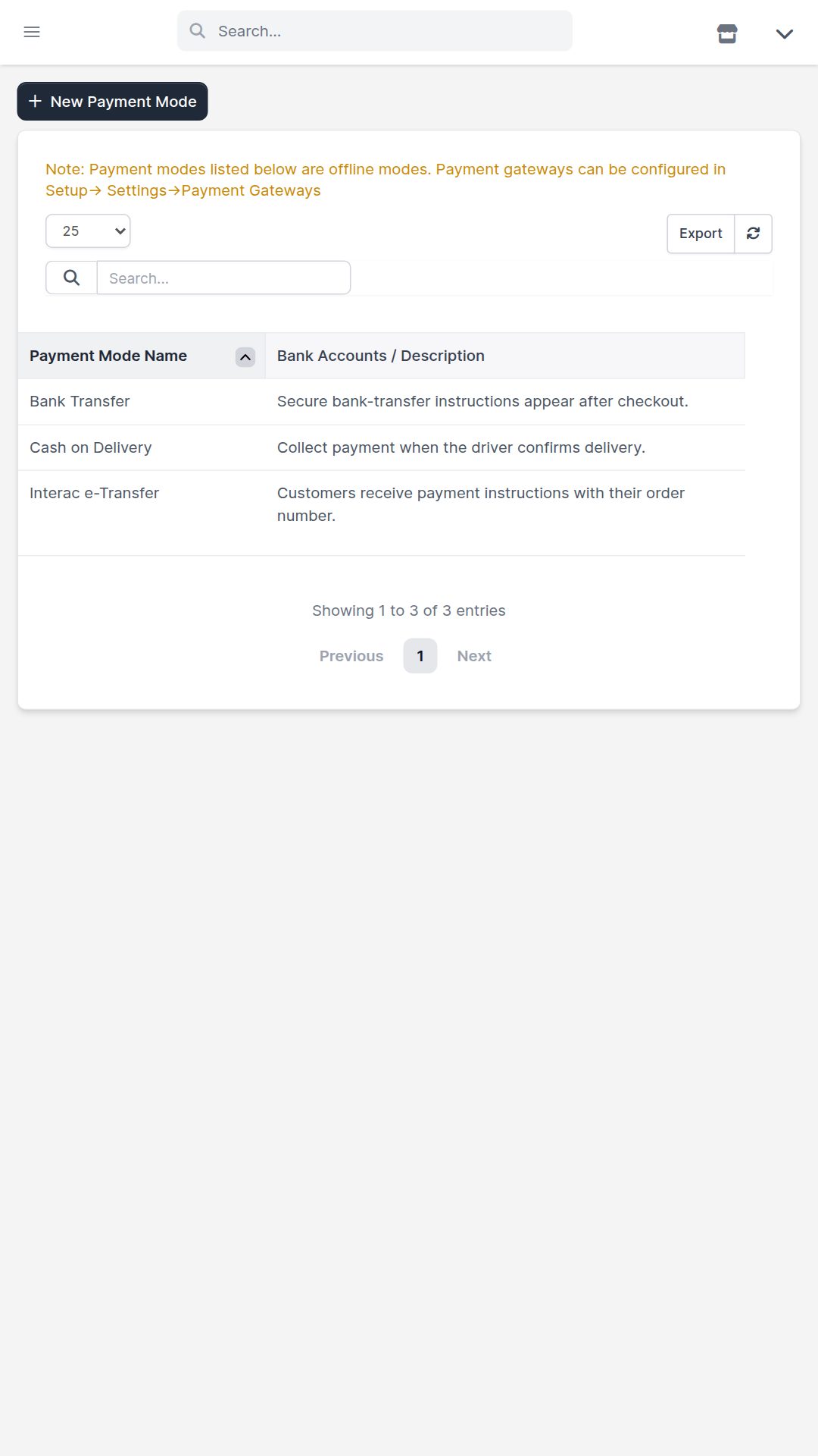 Mobile list of offline payment methods and checkout instructions