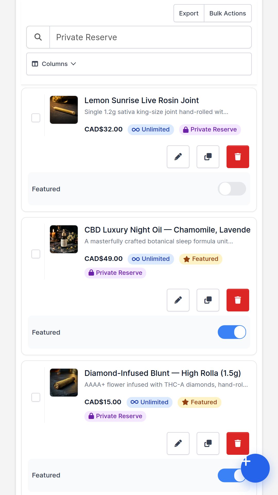 Mobile Private Reserve settings and product controls