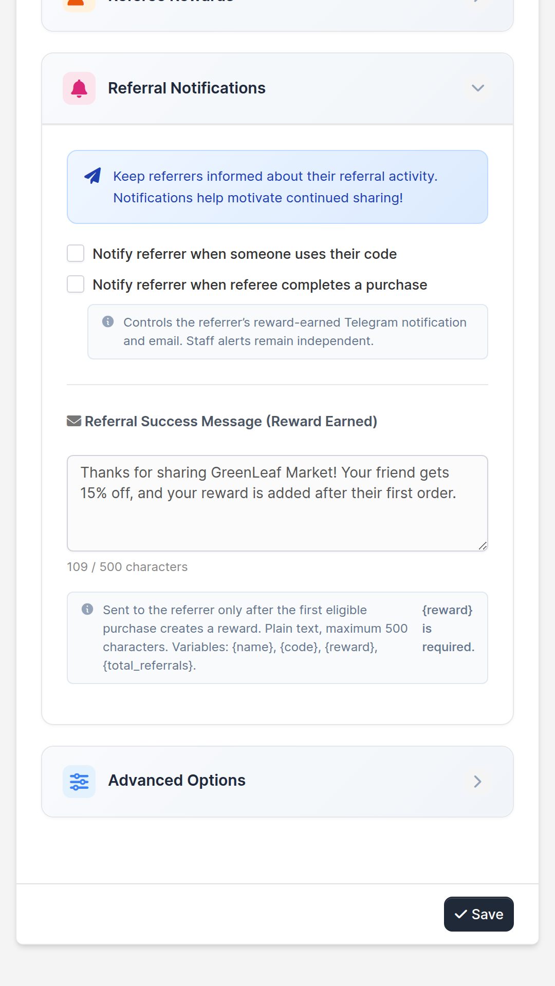 Mobile customer referral code, sharing, and credit activity