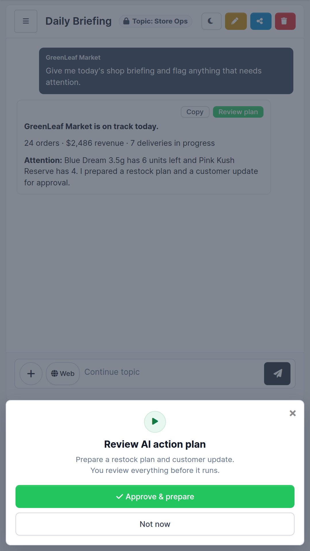 Mobile staff review and approval screen for an AI-prepared action
