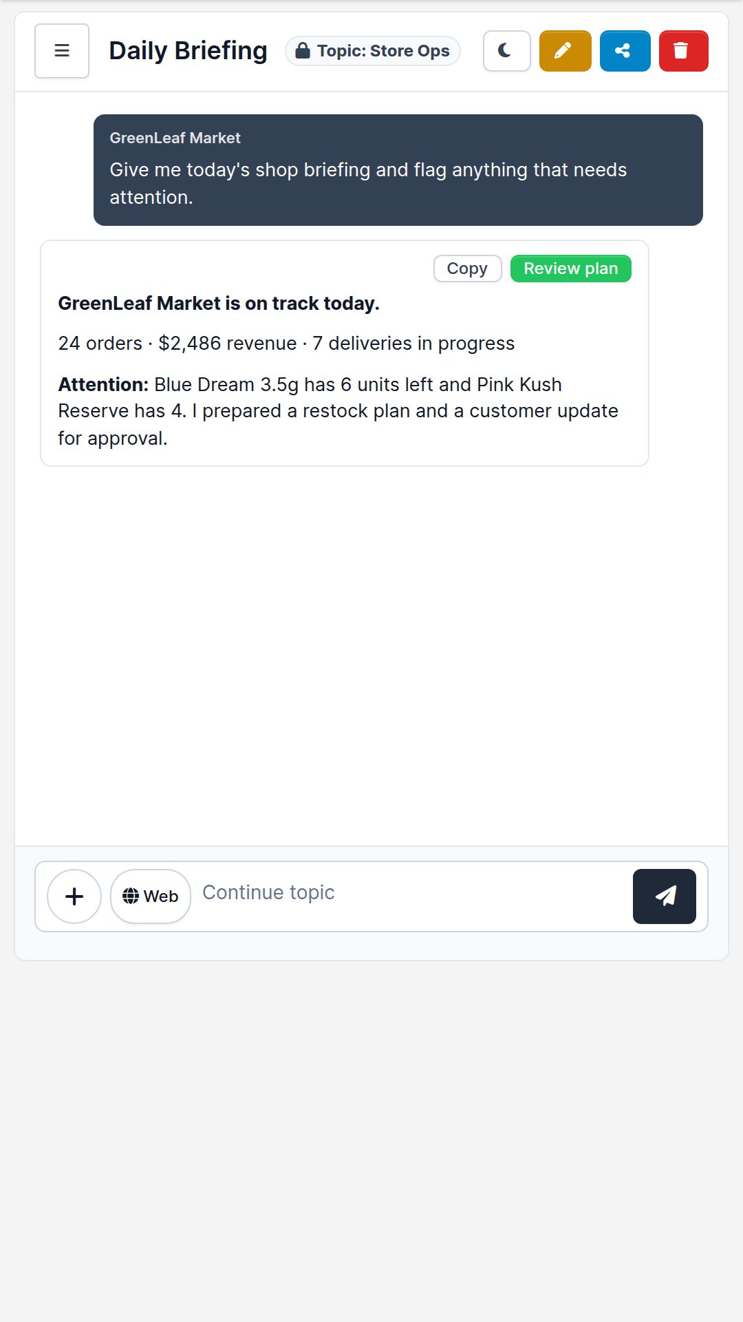 Mobile DROPS AI chat preparing a shop sales opportunity
