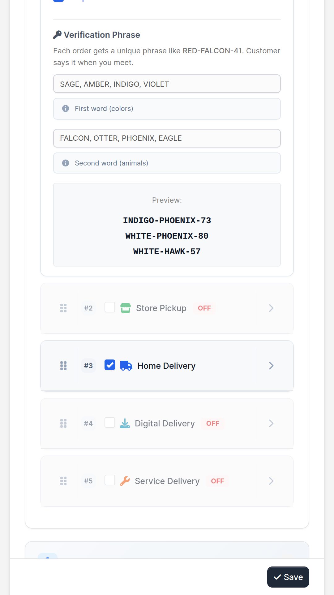 Mobile delivery handoff screen with a unique secret phrase