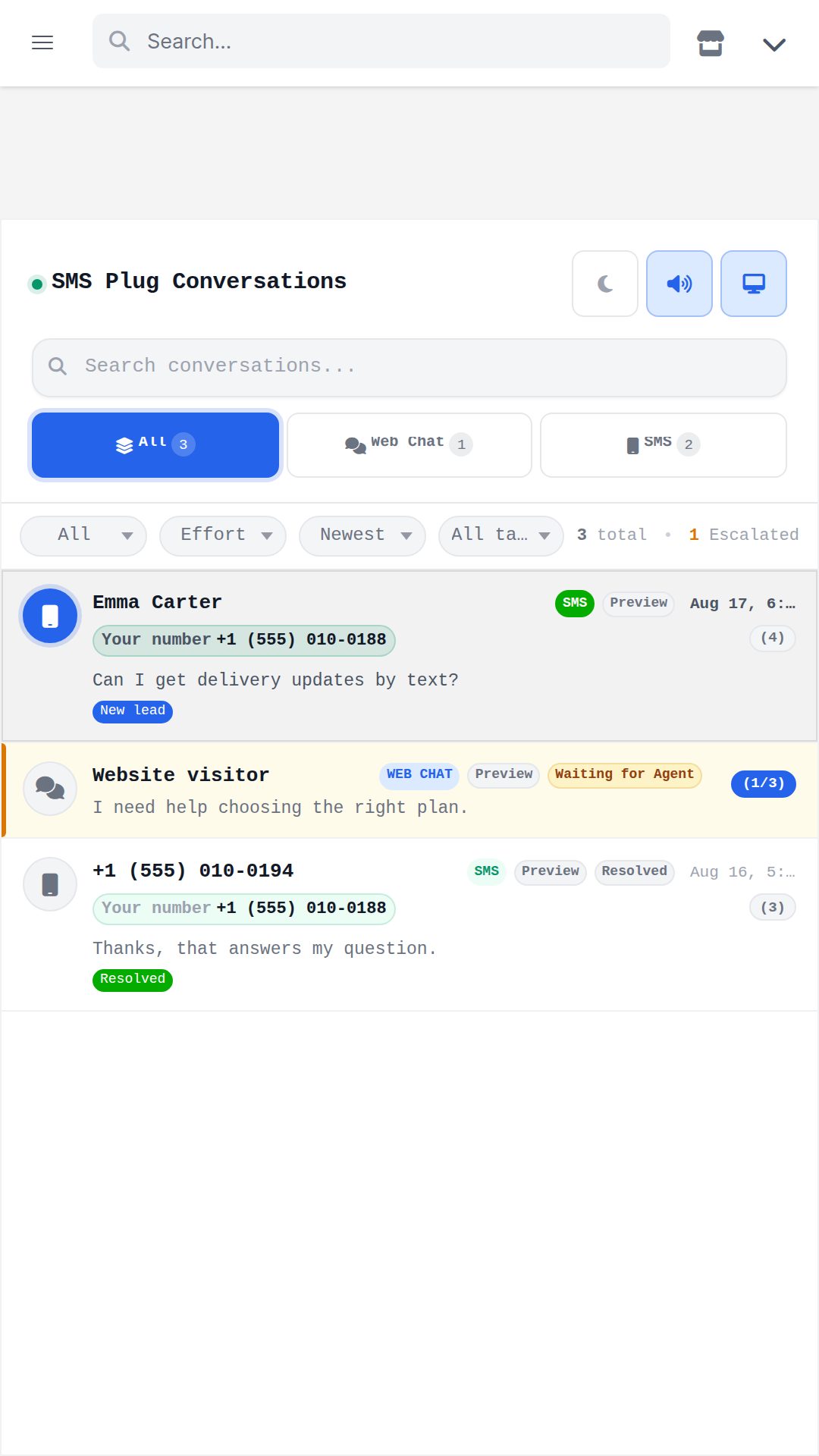 Mobile two-way SMS conversation with staff takeover