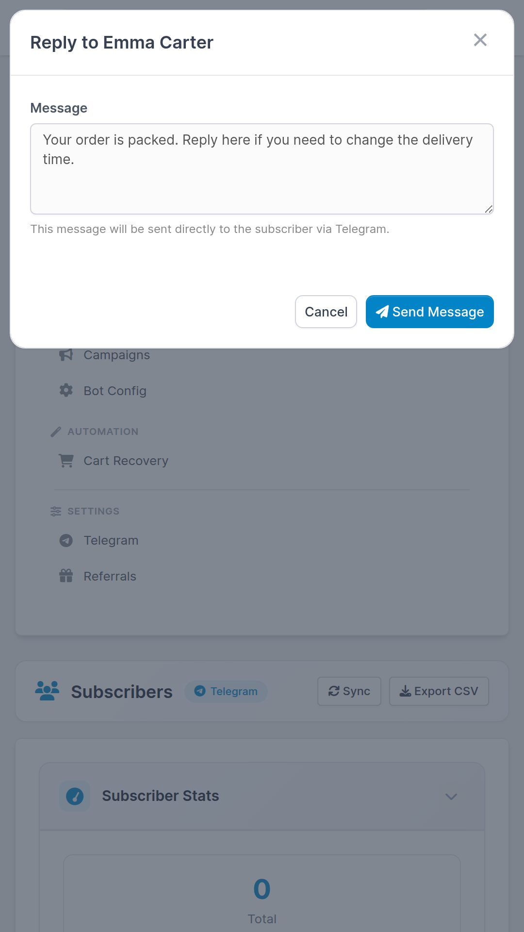 Mobile two-way Telegram conversation between staff and a customer