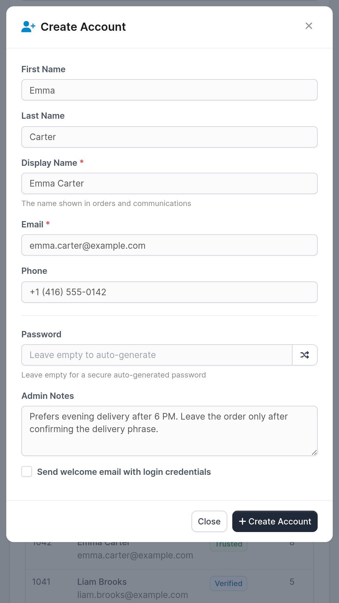 Mobile private staff notes attached to a customer account