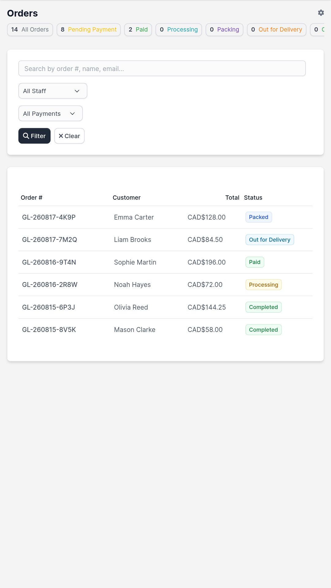 Mobile customer order history with payment and delivery status