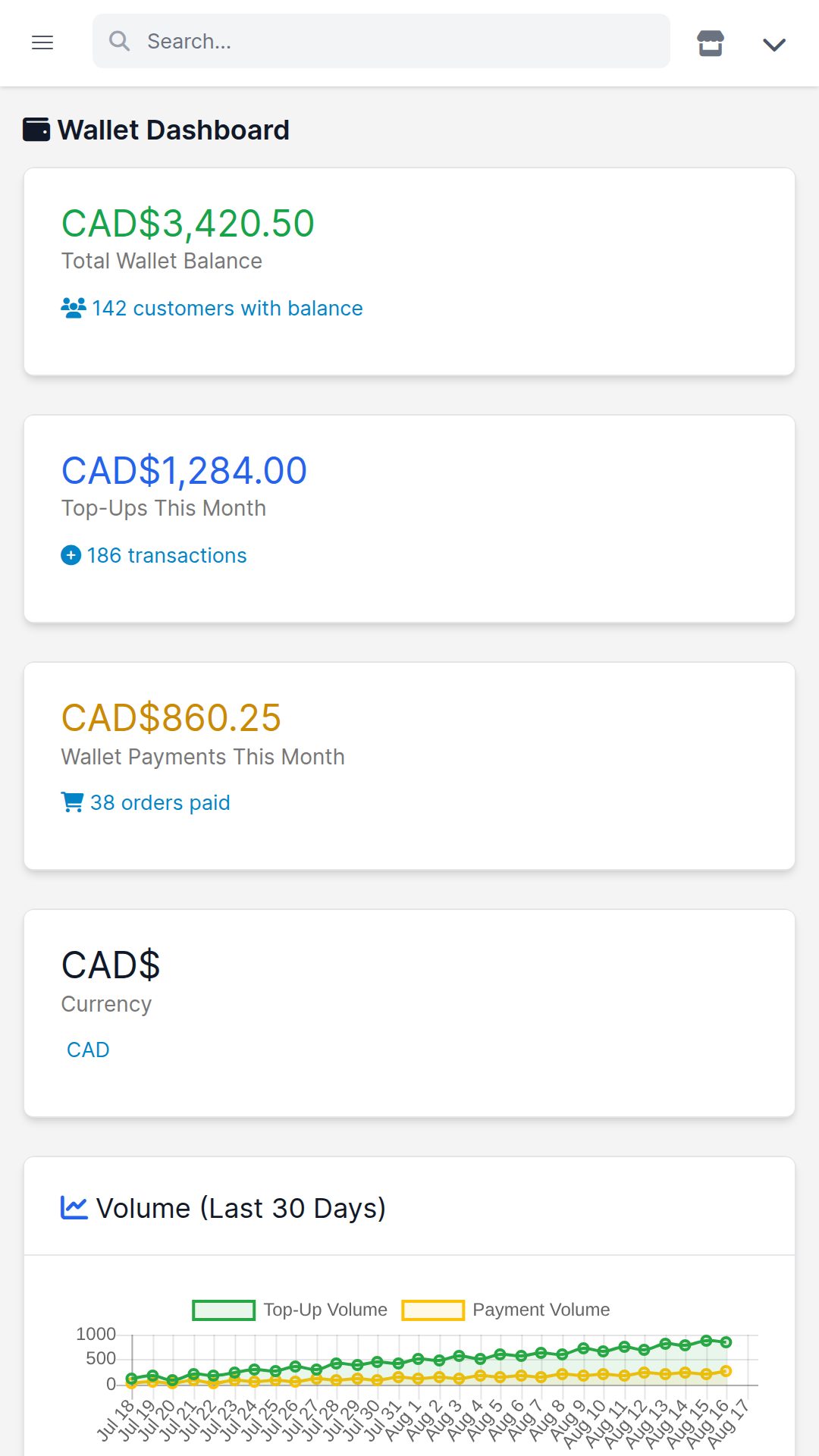 Mobile customer wallet activity with credits, payments, and refunds