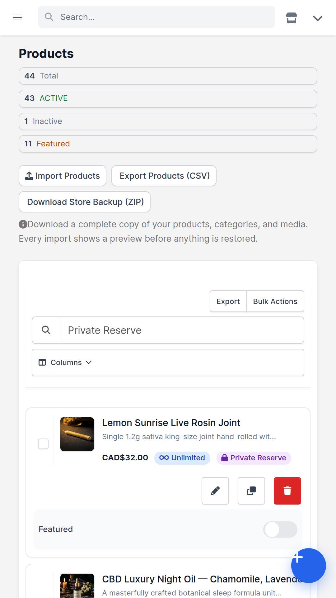Mobile full shop backup inventory and creation screen