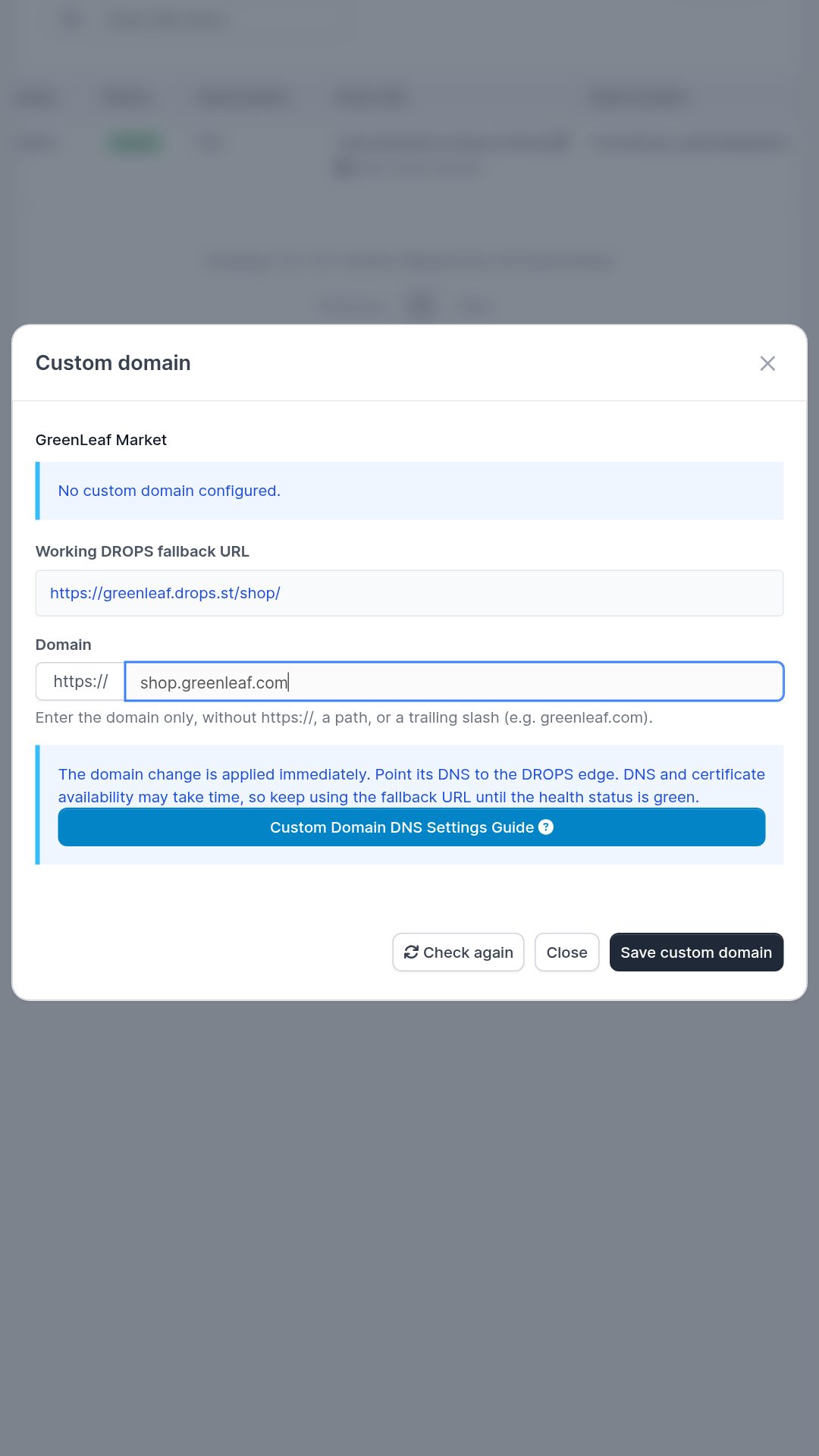 Mobile custom domain, DNS, and HTTPS status screen