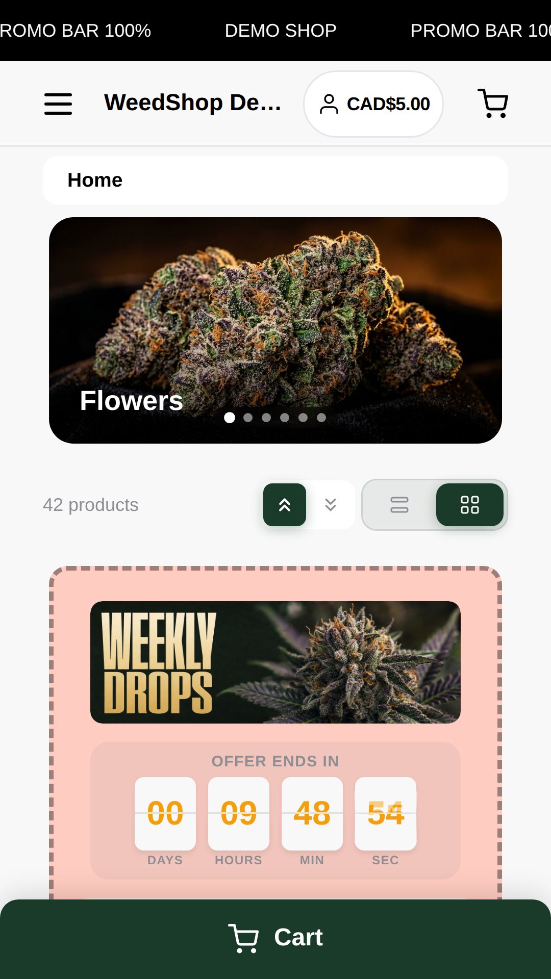 Weedshop demo shop on mobile