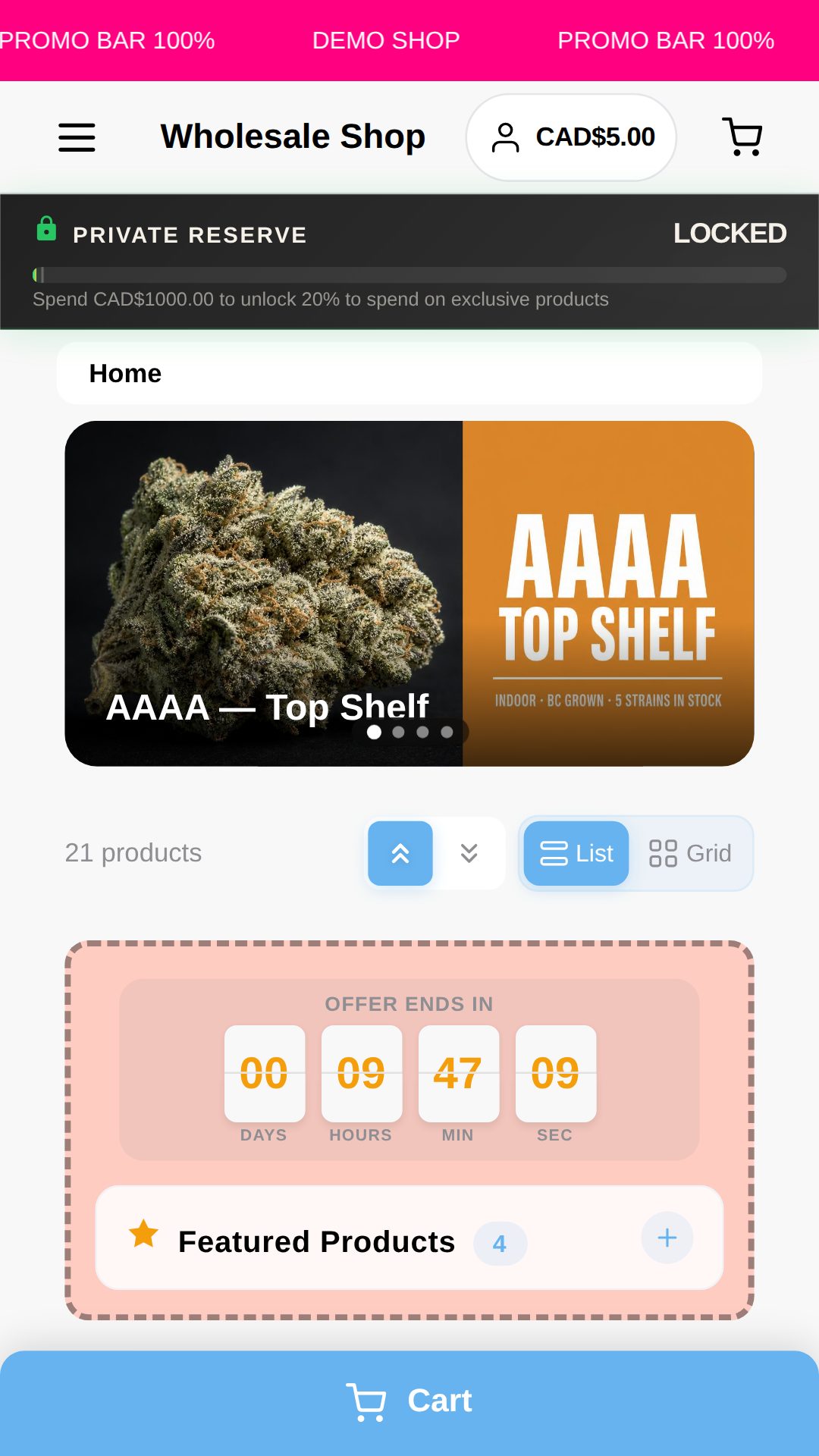 Wholesale demo shop with Private Reserve on mobile
